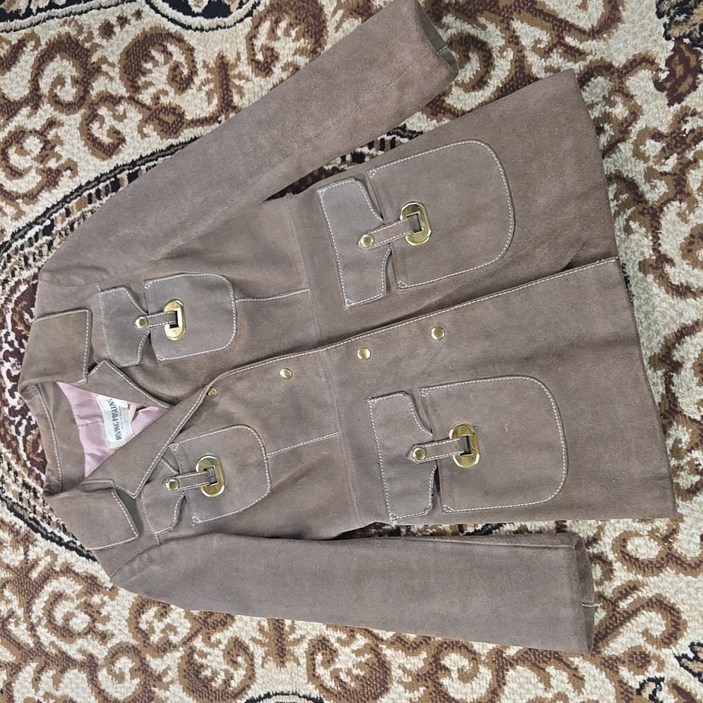 Irving Posluns 1970s Suede Coat Leather Jacket with Gold Hardware 70s Retro Fall